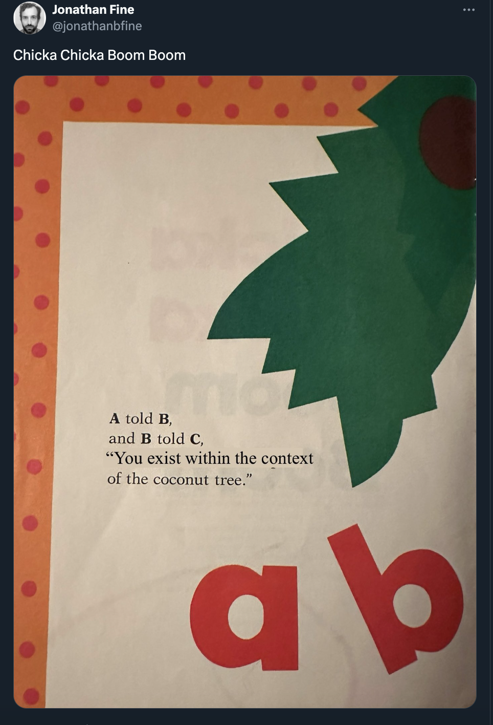 boom chicka boom book - Jonathan Fine Chicka Chicka Boom Boom A told B, and B told C, "You exist within the context of the coconut tree." ab